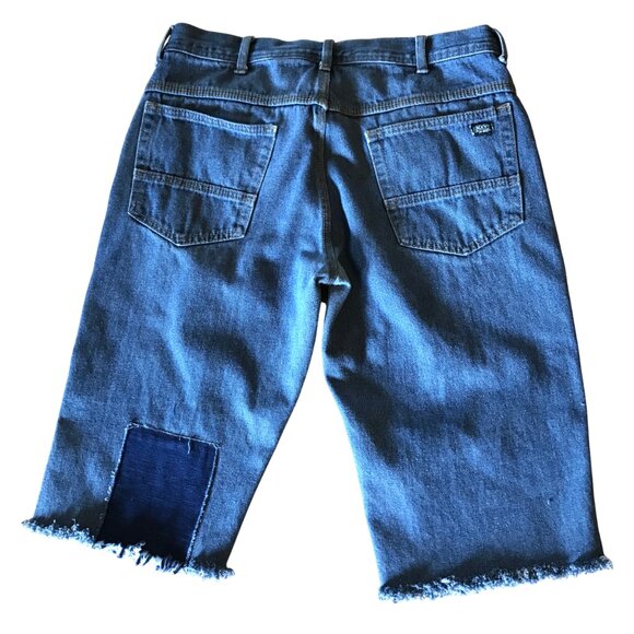 Men’s Patchwork Jean Short Cutoffs, Waist 34: Upcycled Fringy Hippie Shorts - Picture 2 of 8